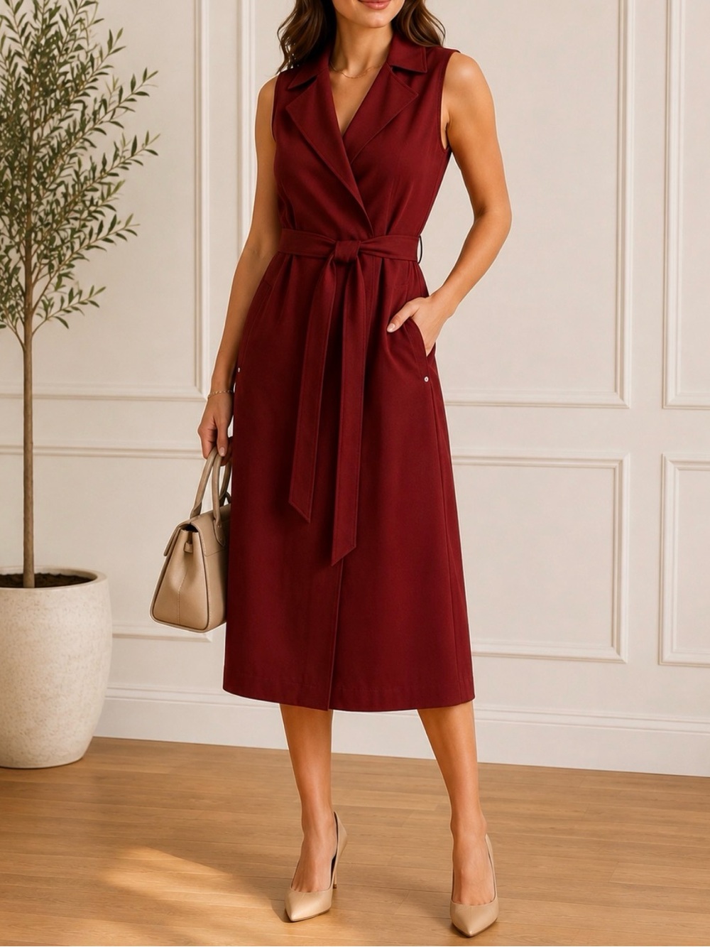 Lafayette 148 New York Sleeveless Midi Dress in Burgundy XL